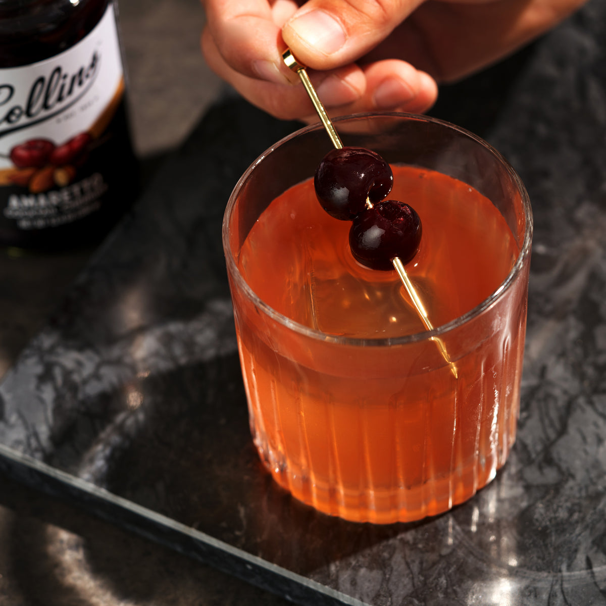 Collins Amaretto Cocktail Cherries, Wild Black Cherries in