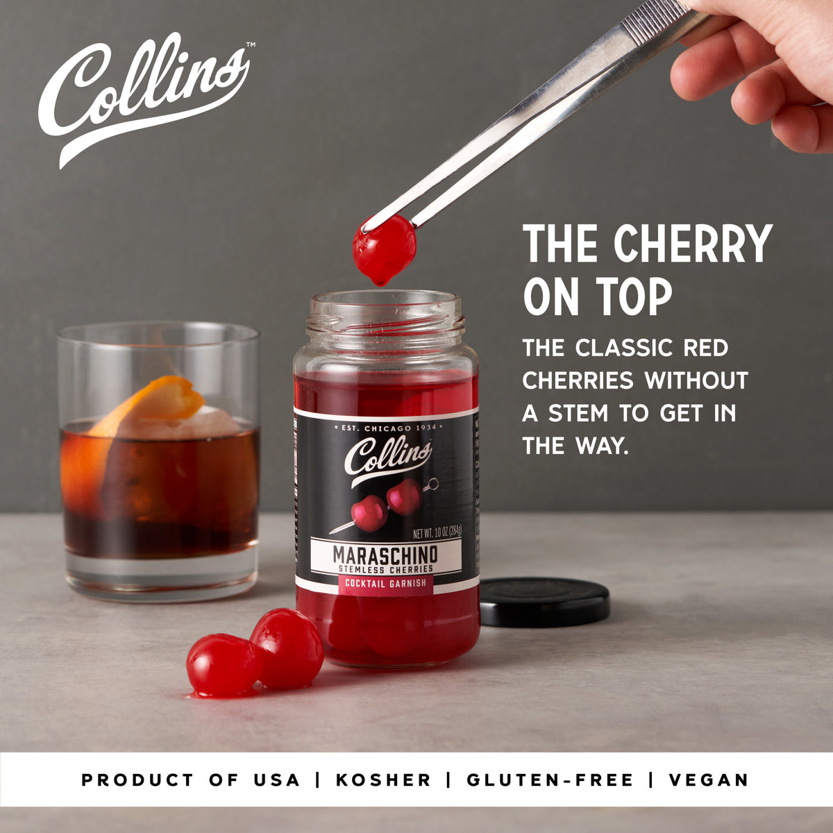 Collins Stemless Maraschino Cherries, Garnish for Cocktails