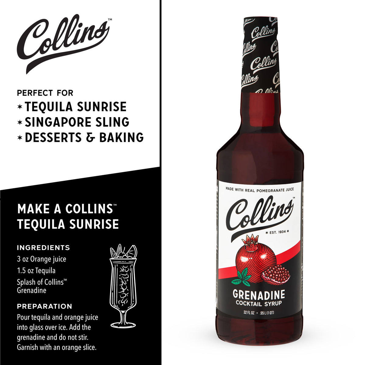 Collins Grenadine Syrup, Real Pomegranate Juice and Sugar, Craft