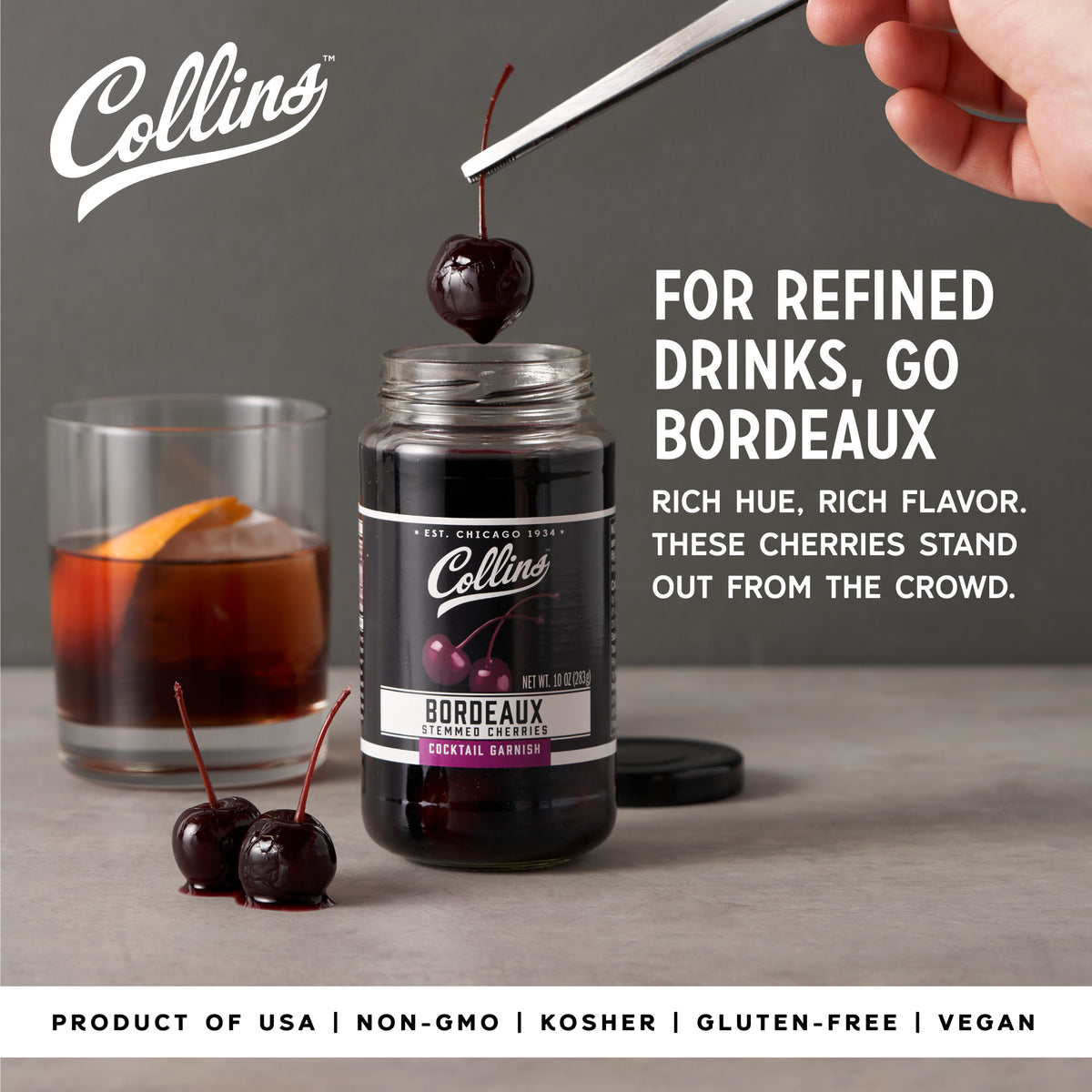 Collins Stemmed Black Cherries for Cocktails, Old Fashioned