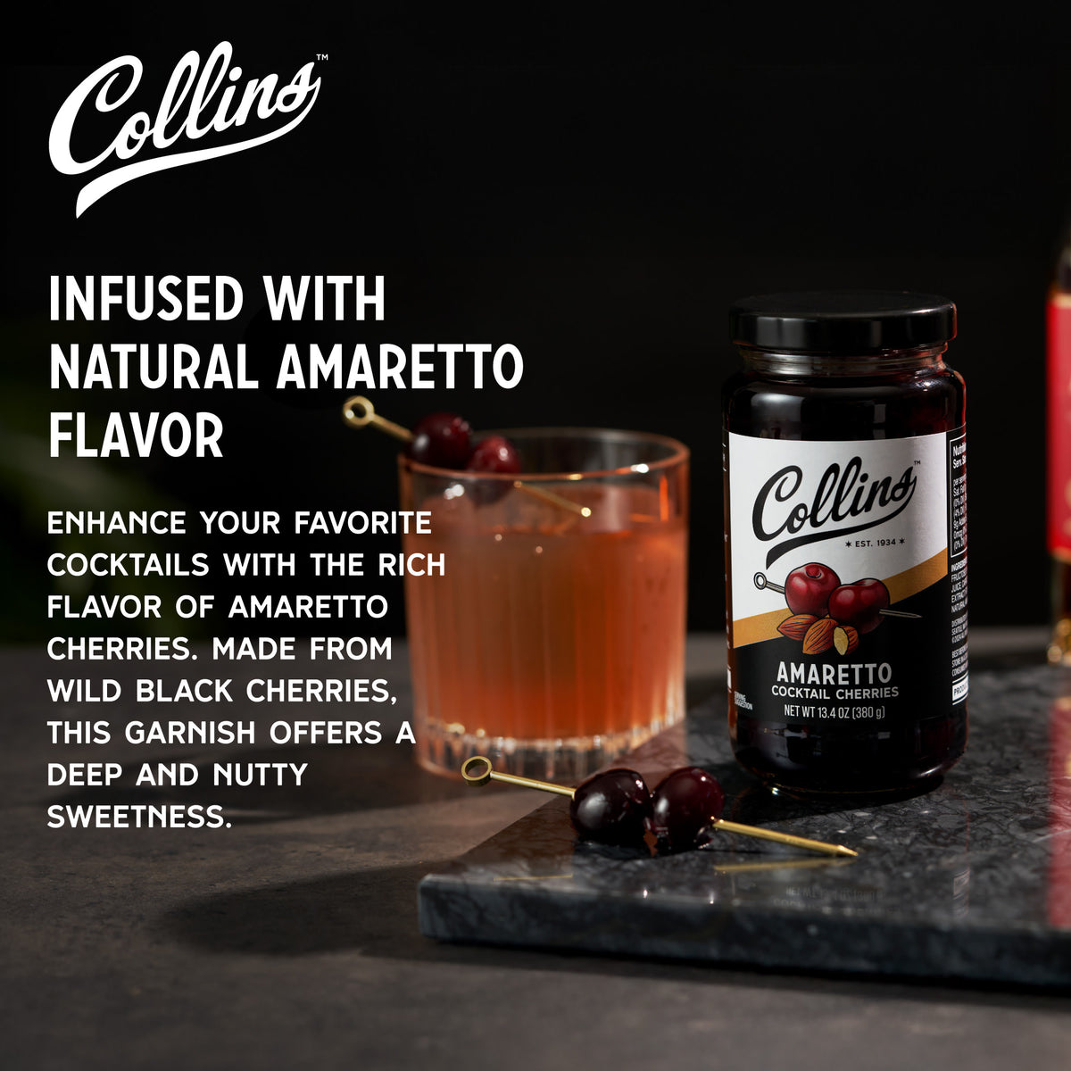 Collins Amaretto Cocktail Cherries, Wild Black Cherries in