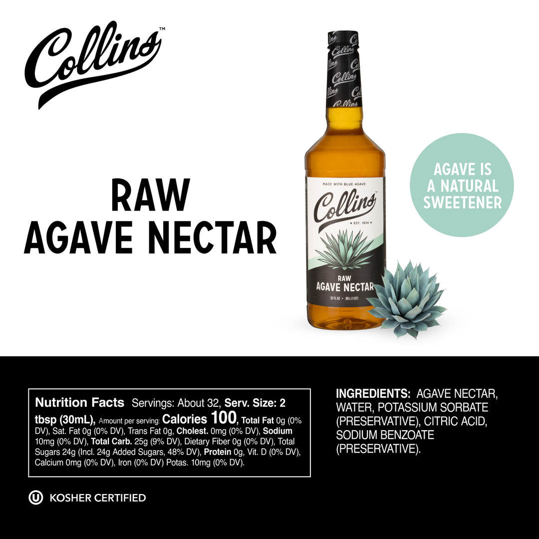 Collins Raw Agave Nectar, Made with Real Agave, Natural Sweetener for Cocktails, Tea, Coffee, and Baking, Smooth and Mild Flavor, Home Bars, Party Essentials, Bartending Supplies, 32 oz, Set of 1