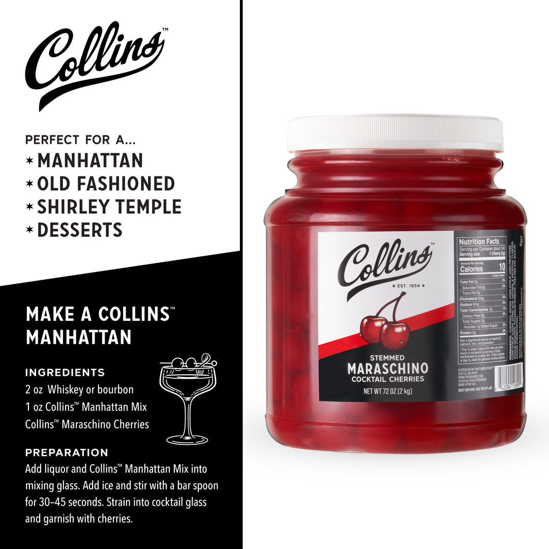 Collins 72 oz Stemmed Maraschino Cherries, Bulk Cocktail Garnish