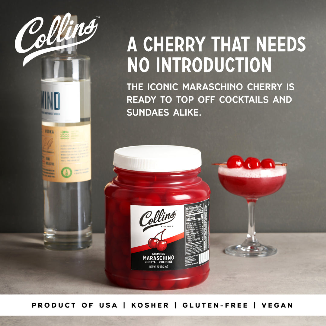Collins 72 oz Stemmed Maraschino Cherries, Bulk Cocktail Garnish