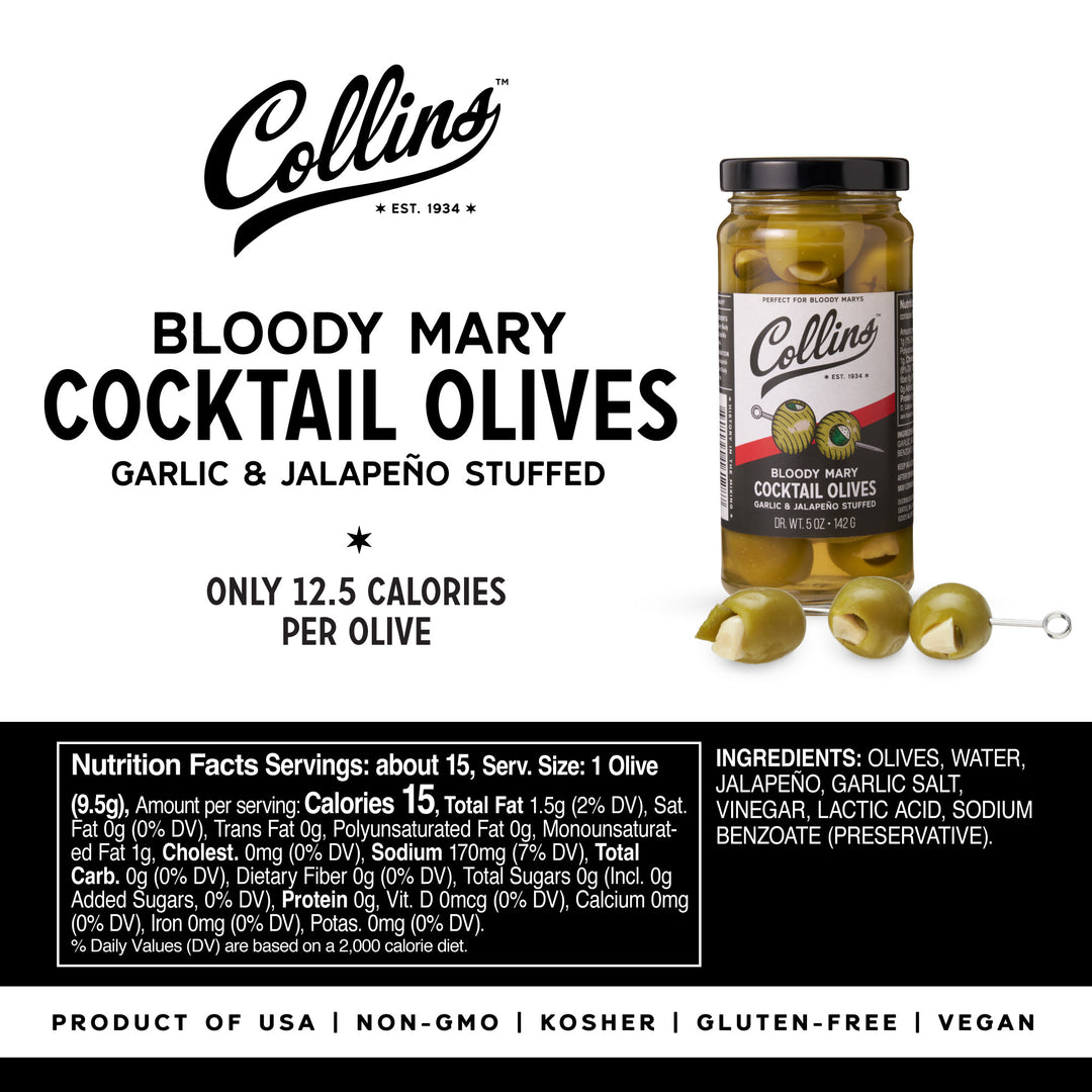 Collins Jalapeno Garlic Stuffed Cocktail Olives, Gourmet Martini