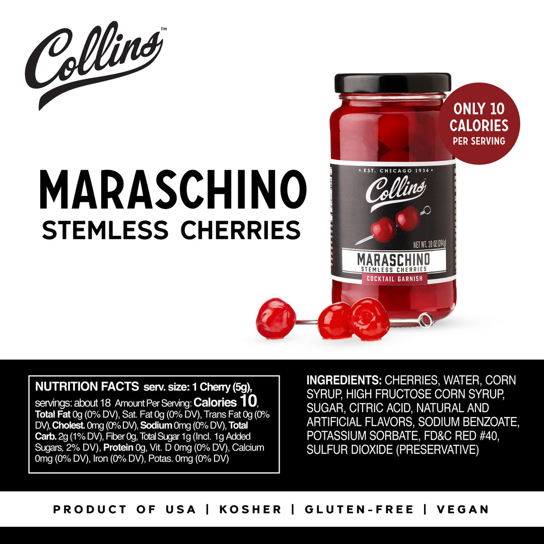 Collins Stemless Maraschino Cherries, Garnish for Cocktails Collins Stemless Maraschino Cherries, Garnish for Cocktails