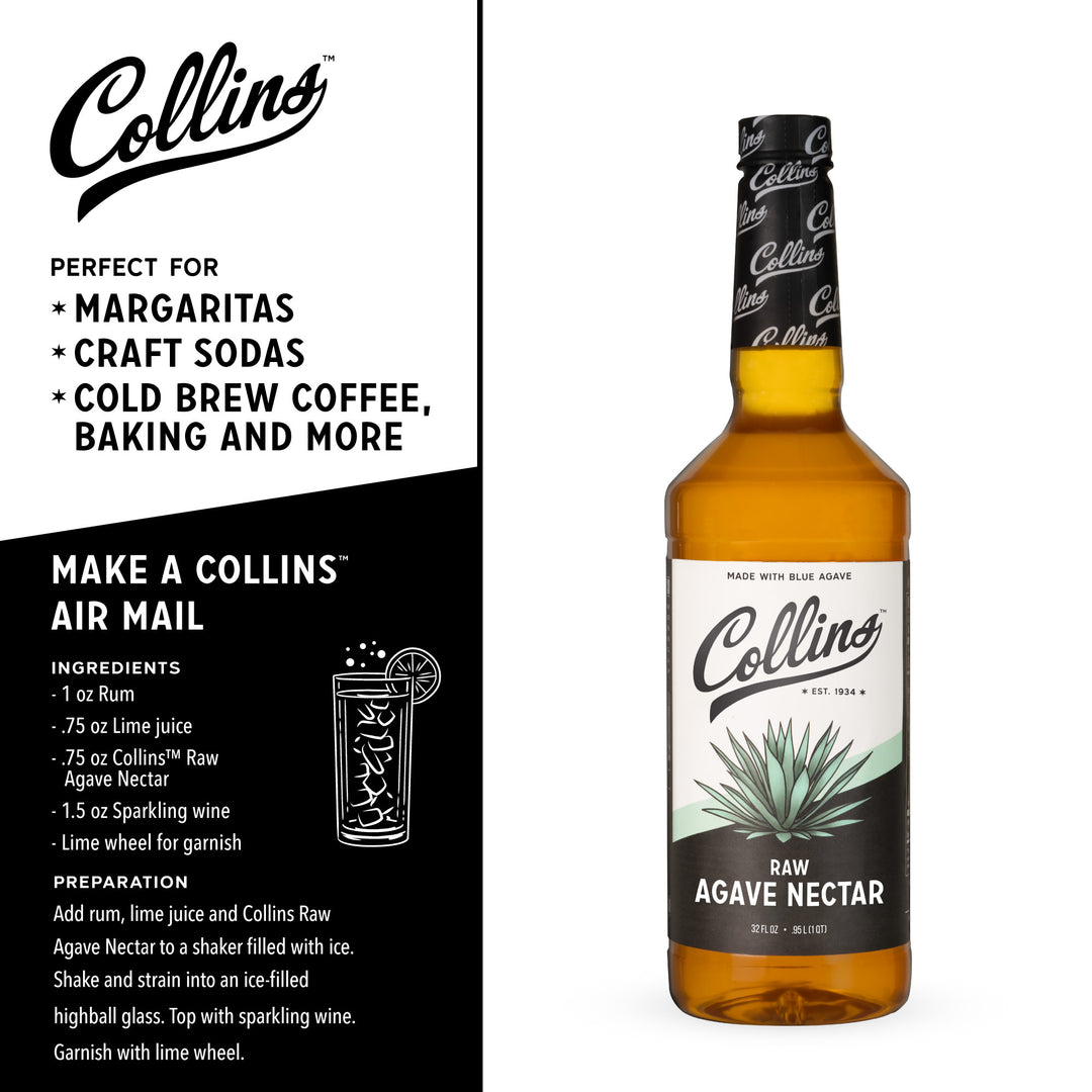Collins Raw Agave Nectar, Made with Real Agave, Natural Sweetener for  Cocktails, Tea, Coffee, and Baking, Smooth and Mild Flavor, Home Bars,  Party Essentials, Bartending Supplies, 32 oz, Set of 1