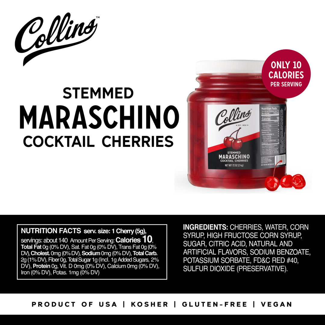 Collins 72 oz Stemmed Maraschino Cherries, Bulk Cocktail Garnish
