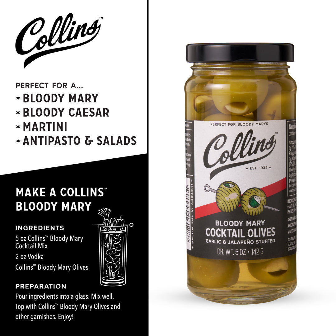 Collins Jalapeno Garlic Stuffed Cocktail Olives, Gourmet Martini
