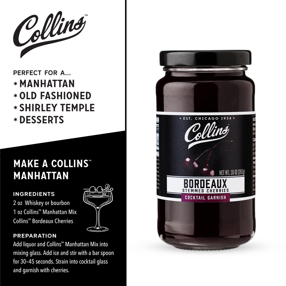 Collins Stemmed Black Cherries for Cocktails, Old Fashioned